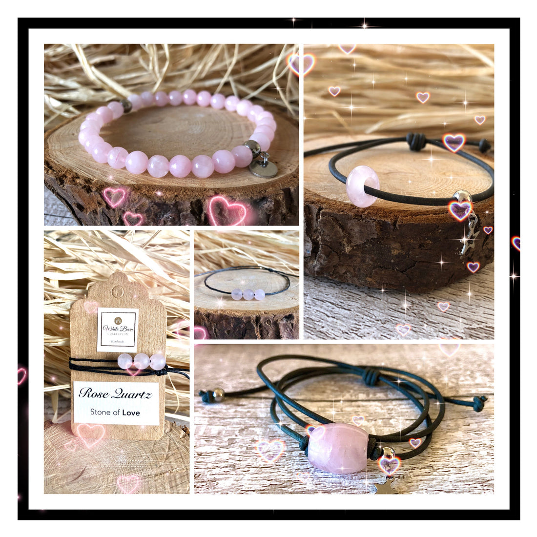 Handcrafted Rose Quartz jewellery collection including beaded bracelets and pendant necklace