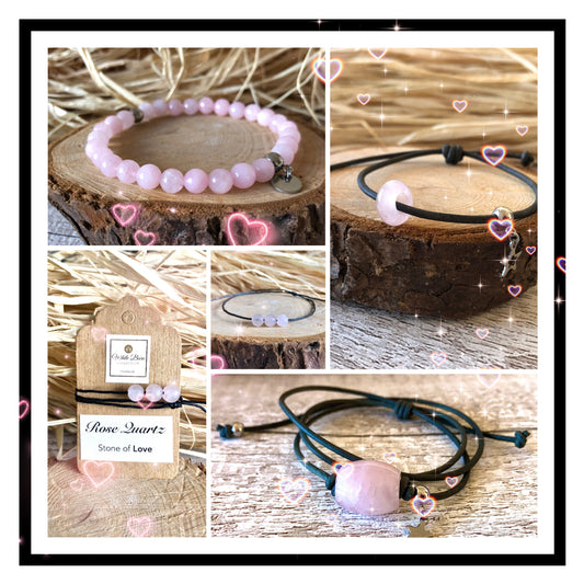 Handcrafted Rose Quartz jewellery collection including beaded bracelets and pendant necklace