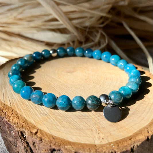 A blue apatite beaded bracelet with stainless steel accent