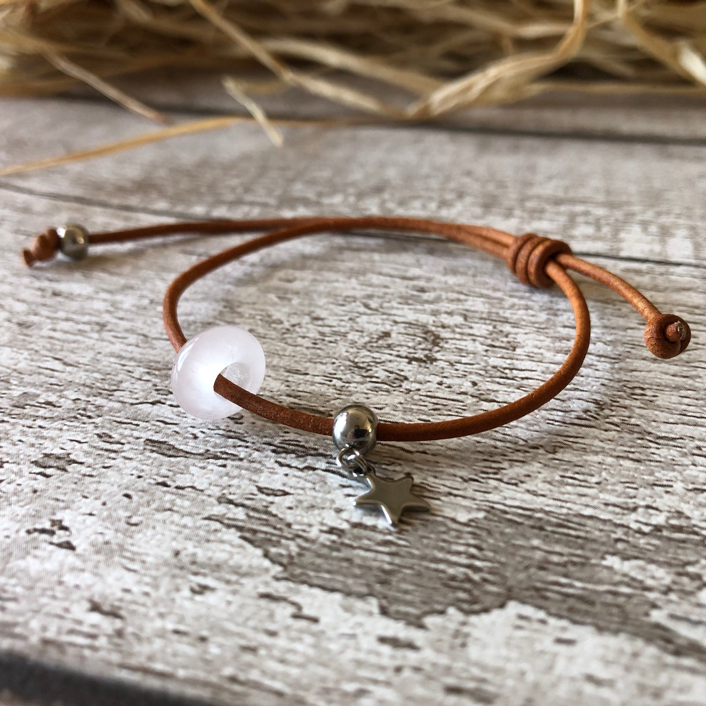 White Rose Quartz on leather cord bracelet