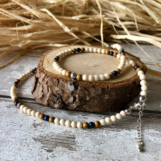 Lapis Lazuli - Fossil - Wood Lace beaded necklace