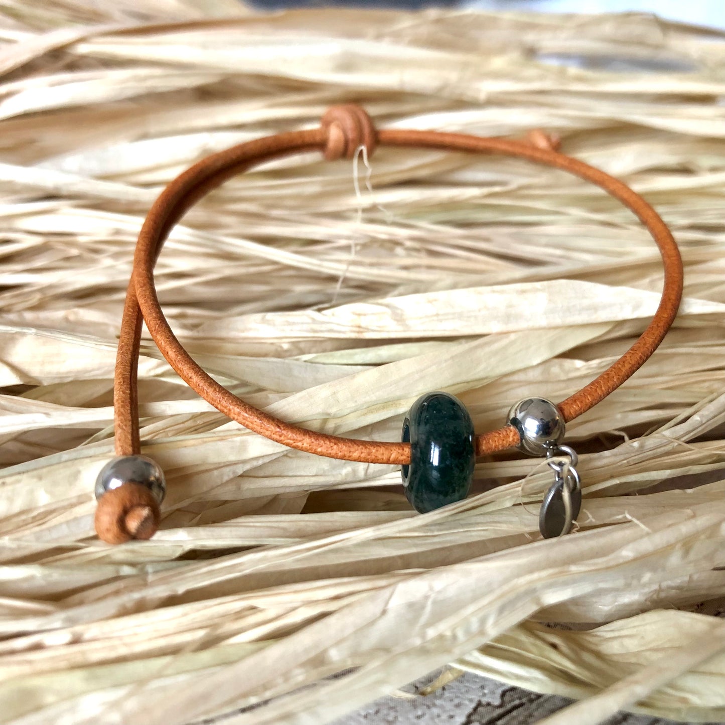 Green Indian Agate on leather cord bracelet