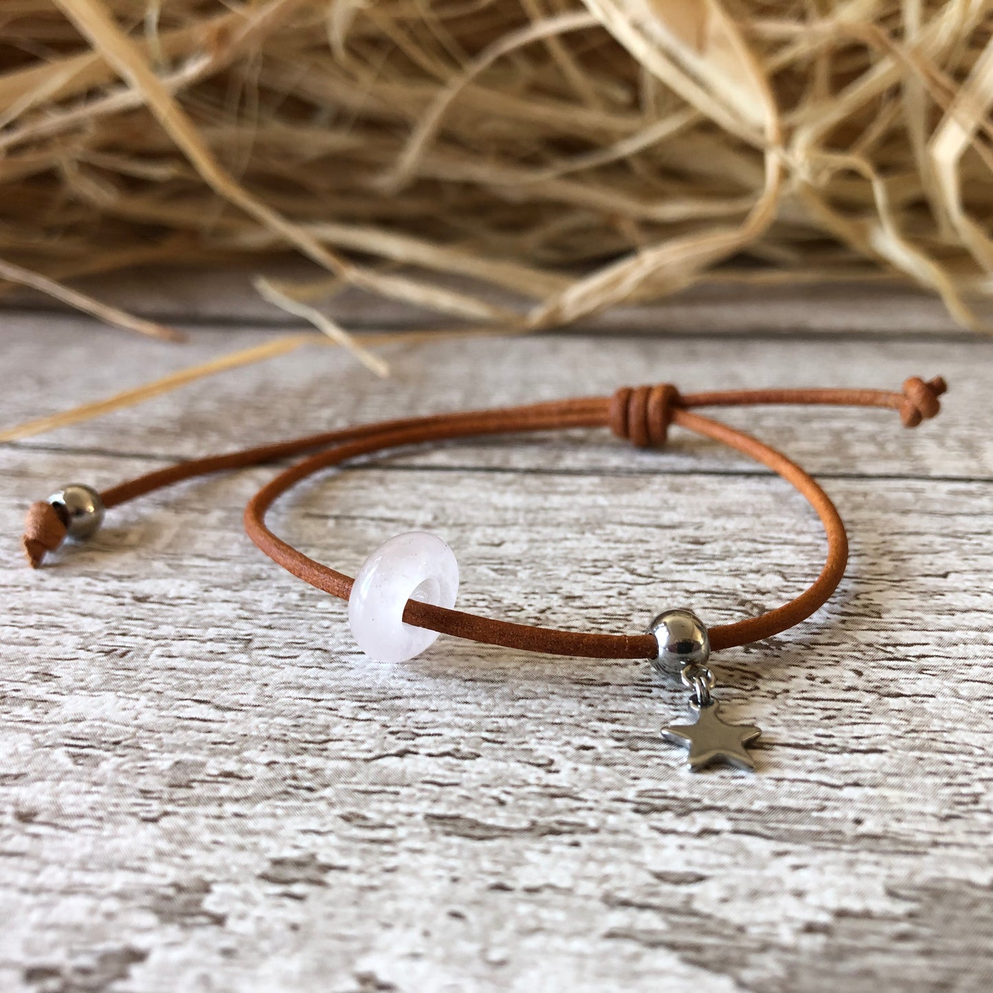 White Rose Quartz on leather cord bracelet