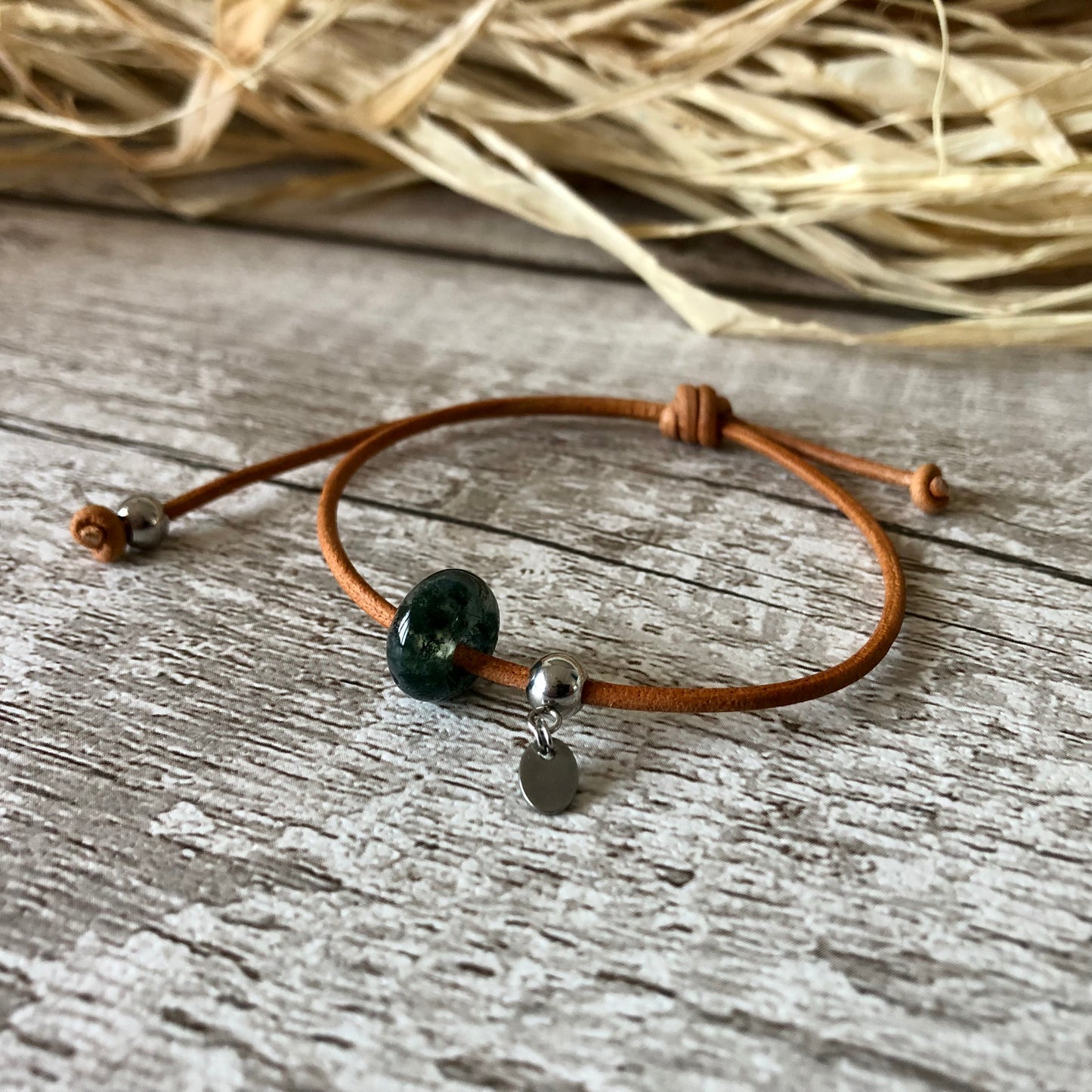 Green Indian Agate on leather cord bracelet