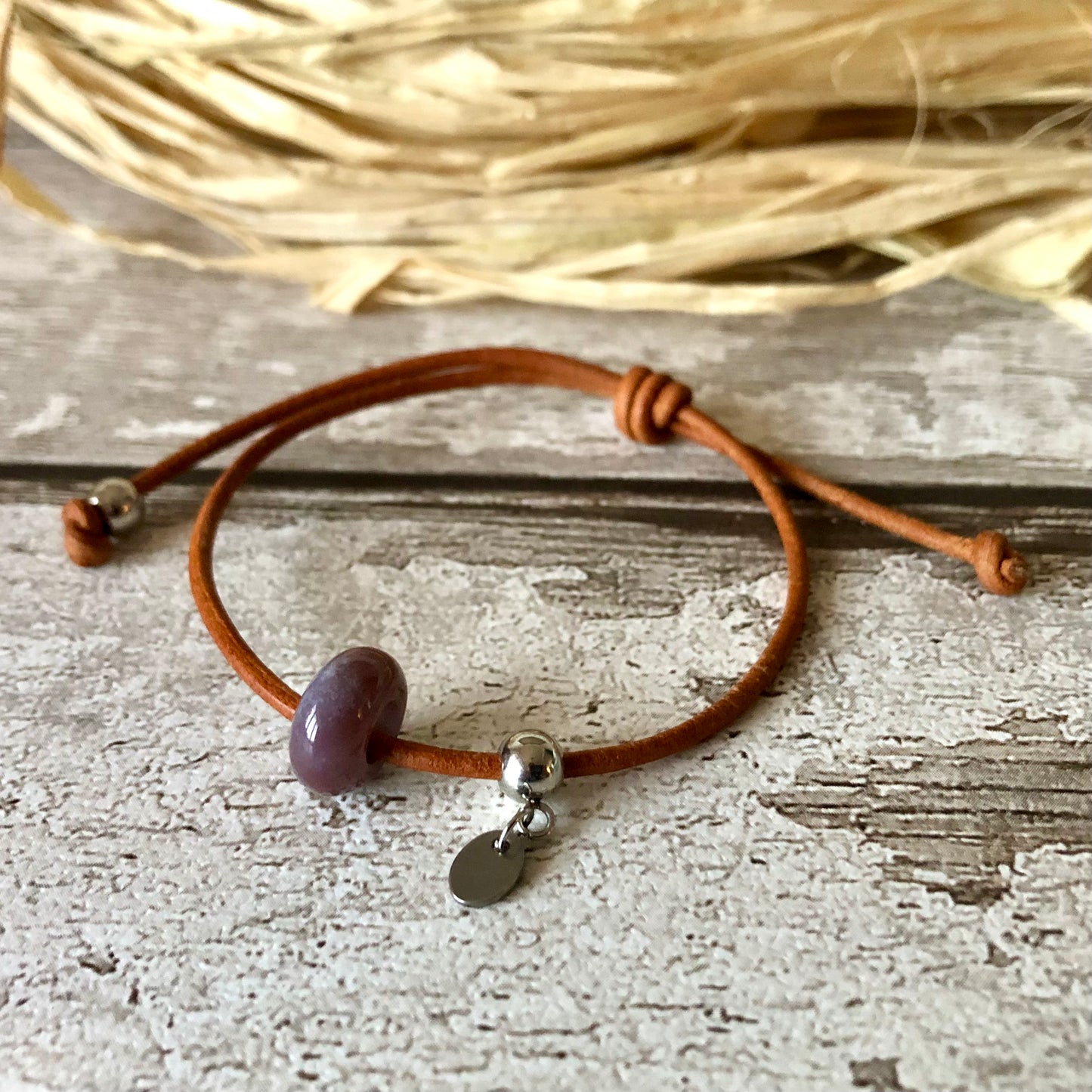 Purple Indian Agate on leather cord bracelet