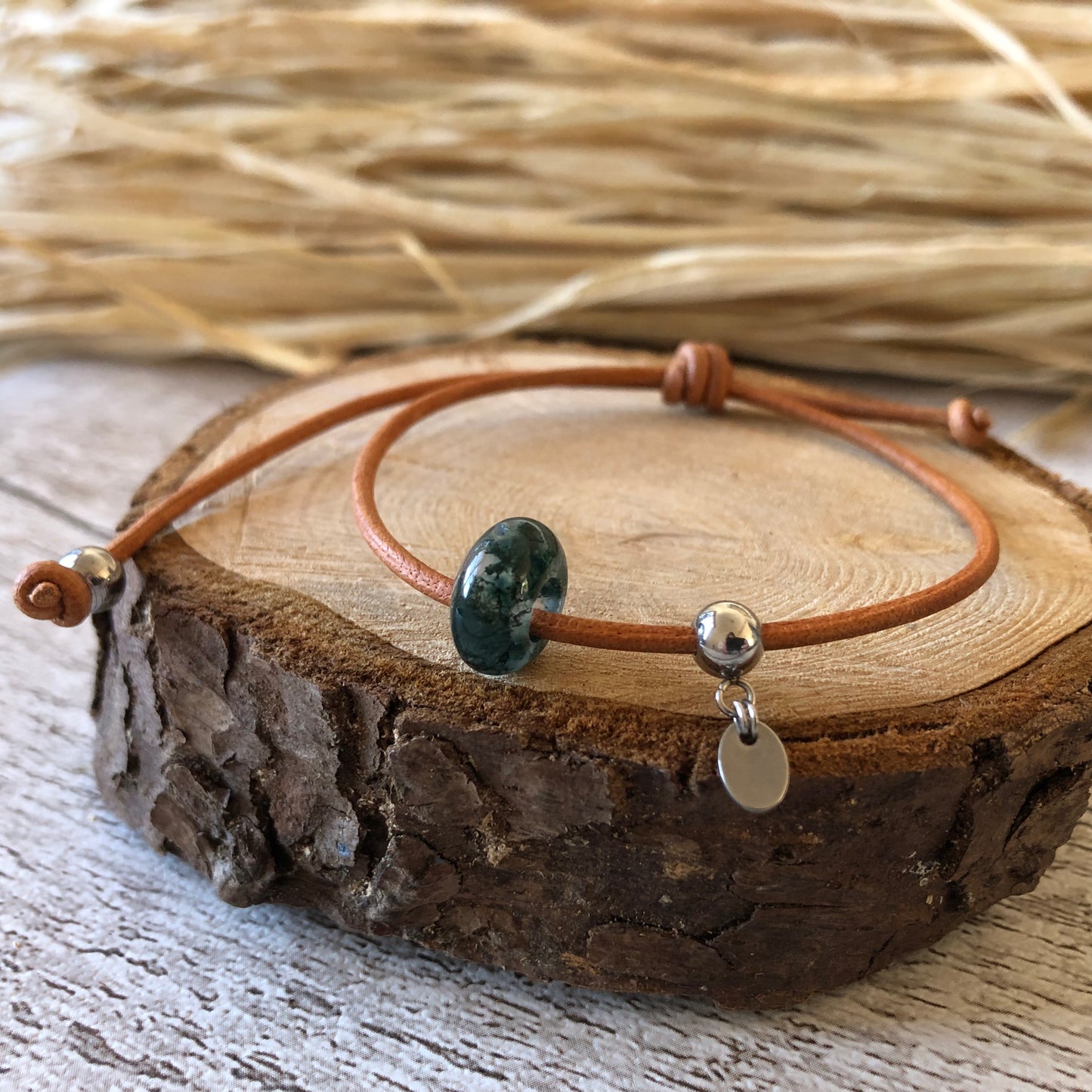 Green Indian Agate on leather cord bracelet