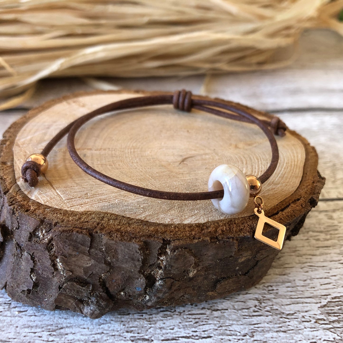 Ivory Indian Agate on leather cord bracelet