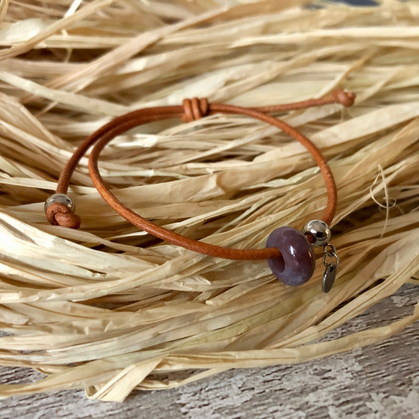 Purple Indian Agate on leather cord bracelet