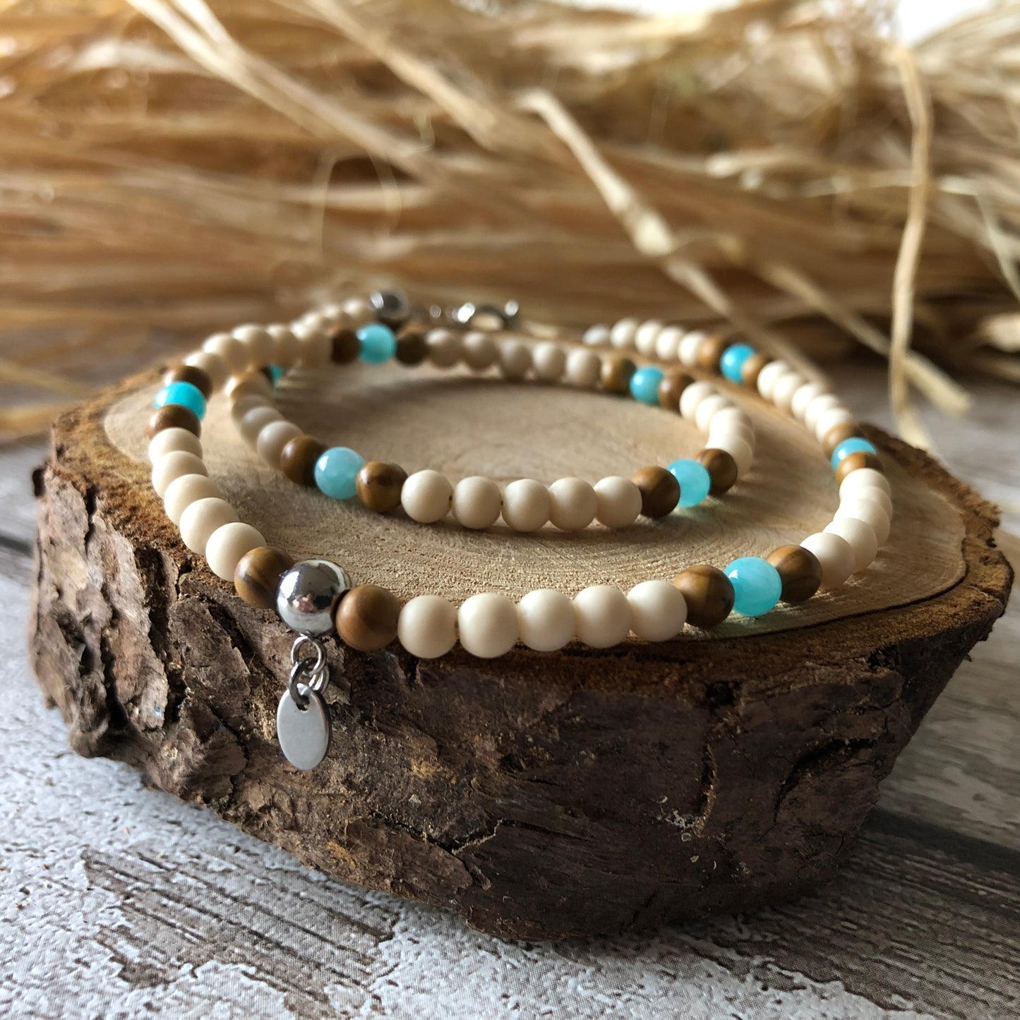 Jade jaune turquoise - Fossile - Collier de perles Wood Lace