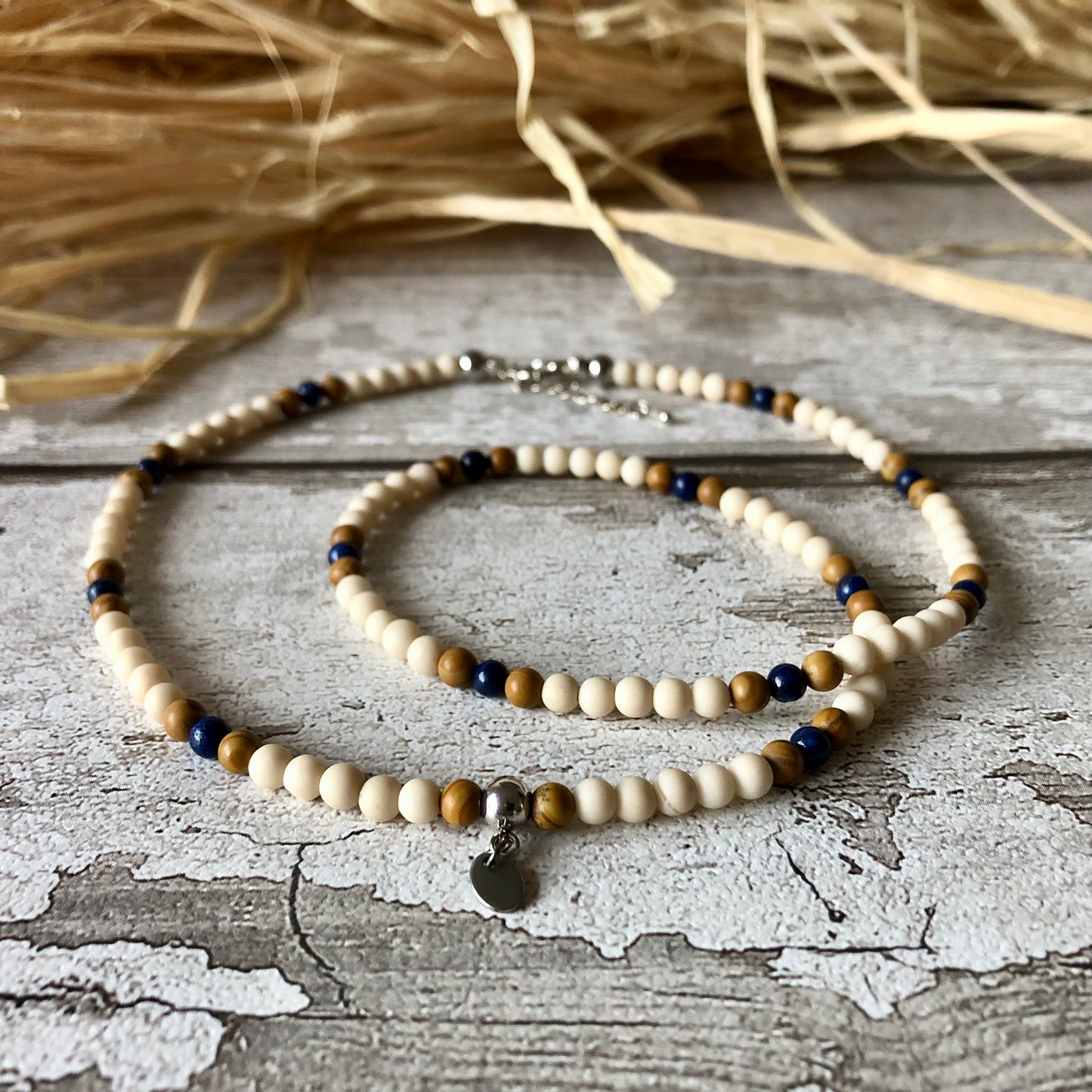 Lapis Lazuli - Fossil - Wood Lace beaded necklace